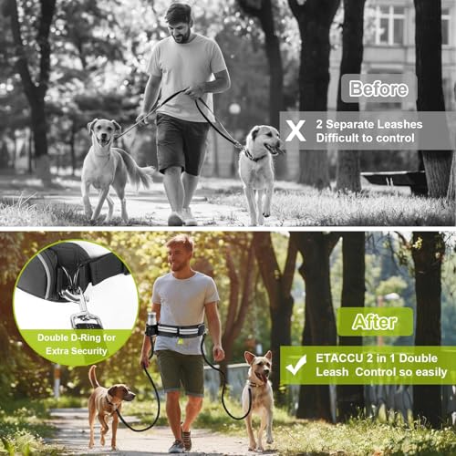 ETACCU Joggingleine für 2 Hunde, Freihändig Laufleine Bauchgurt Hundeleine zum Joggen Laufen Wandern mit Dual Griffe, Reflektierende Nähte, Laufgurt für Große Hunde bis 50kg, 124-180cm