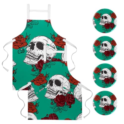 Tablier de cuisine imprimé crânes et roses avec 4 broches de maintien pour le travail