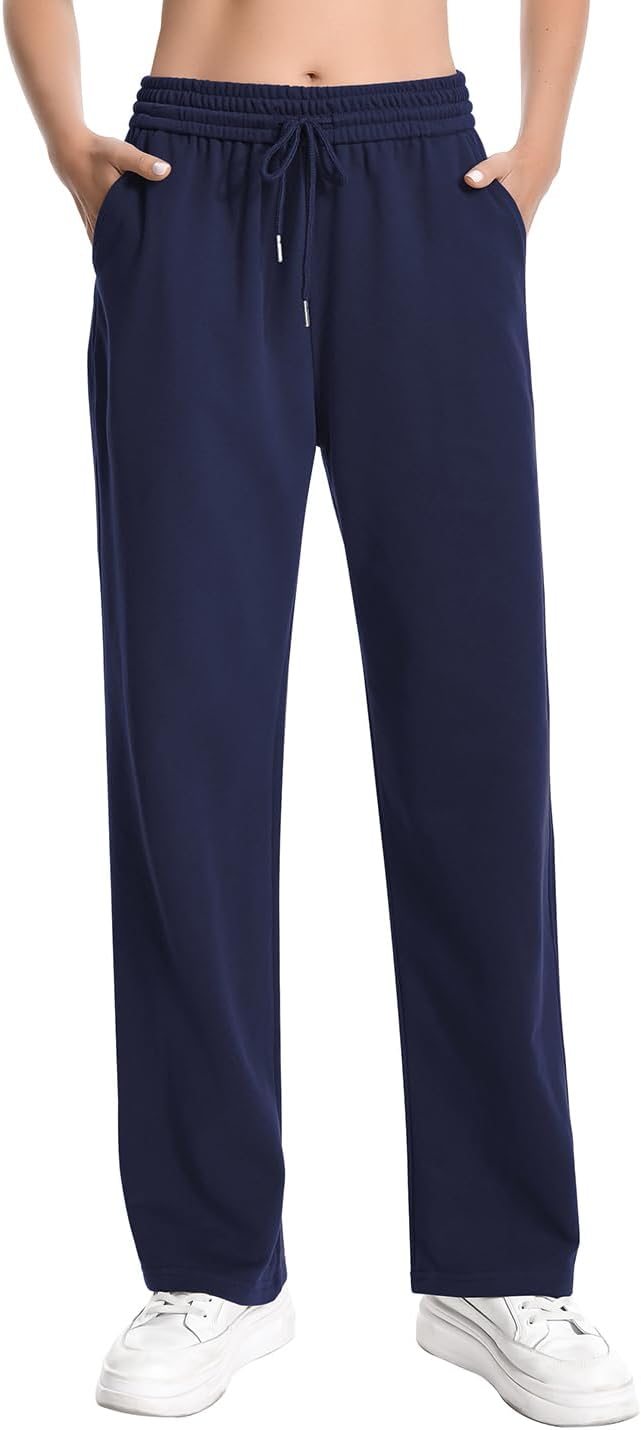 Auriviz Widen Waistband Sweat Pants for Women Exposed Pockets Lounge Sweatpants Straight Leg Pants 29’’ Inseam