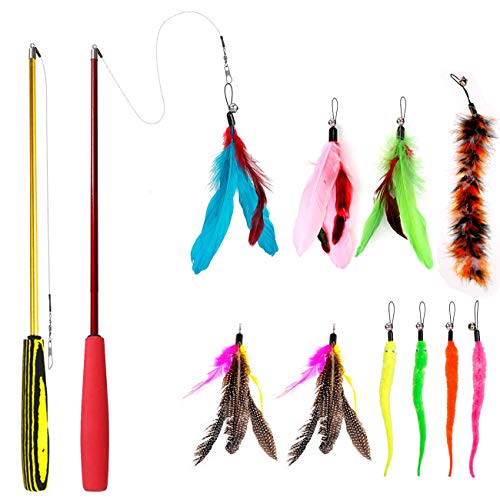 Famgee Feather Teaser Cat Toy - 2 Pcs Retractable Cat Toys Wand and 10 Replacement Refills Assorted Feathers Birds Worms Catcher with Bell, Interactive Teaser and Funny Exercise for Kitten Cats