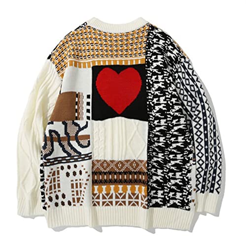 (Wool) Sweater Japanese Style Sweater Mens, Long Sleeve Crewneck Heart Knitted Winter Pullover Top Knitwear Sweater(White,X-Large)