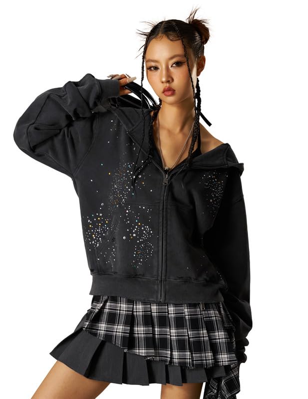 Aelfric Eden Damska bluza z kapturem z kamieniami strasu, męska kurtka z kapturem, streetwear, hip-hop, bluza z kapturem, zamek błyskawiczny z kieszeniami