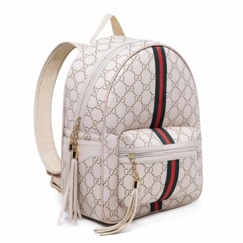 Mochila Feminina Estampada, Alças Ajustáveis, Detalhes em Couro Sintético, Branco e Preto com Listras Vermelhas e Verdes, com Borlas (Bege)