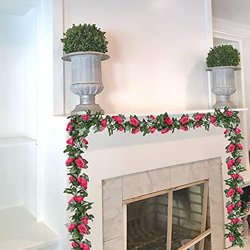 TSHAOUN 2 Pack Artificial Rose Vines Garland Fake Flower Plants Arts Hanging Decoration for Outdoor Indoor Home Kitchen Garden Office Wedding Ceremony Hotel Party 2 x 7.5 FT (Rose Red)