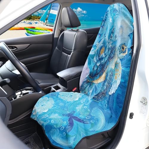 Image of Car Seat Towel Covers, Universal Hibiscus Turtle Blue Front Bucket Seat Cover Fit for Auto Truck Van SUV, Waterproof Seat Protector for Athletes Pets Gym Car Decor