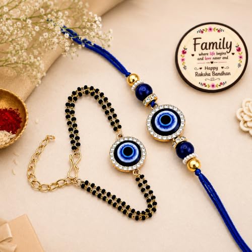 Image of Riddhika Ventures Glorious Gold Plated Religious Diamond Ring Rakhi || Traditional Rakhi Set of 2 & Festive Gift || Rakhi Gift Combo for Bhaiya Bhabhi (J7SM)
