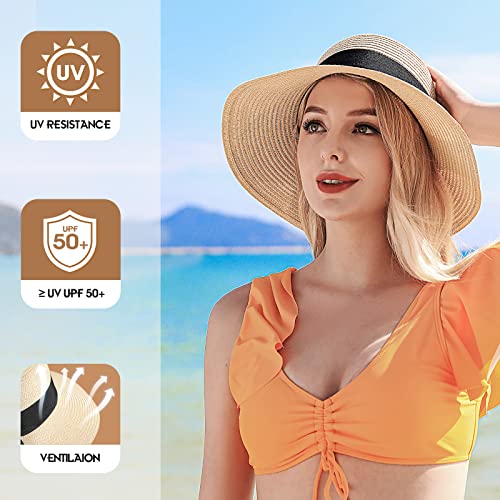 Image of Beach Sun Straw Hats for Women, UPF 50+ UV Sun Protection Wide Brim Summer Straw Hat Foldable Packable Roll up Cap