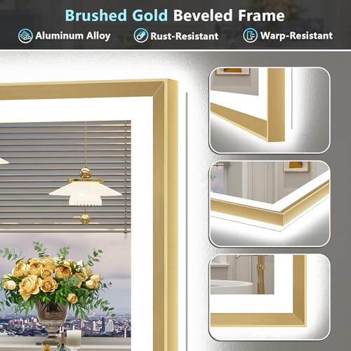 Image of 24x36 Gold Beveled LED Bathroom Mirror Backlit & Front Lit Anti-Fog | Brushed Gold Framed, Anti-Fog Lighted Vanity Mirror, Dimmable, 3-Color Light, Memory, CRI95, HD Tempered Glass, UL Listed