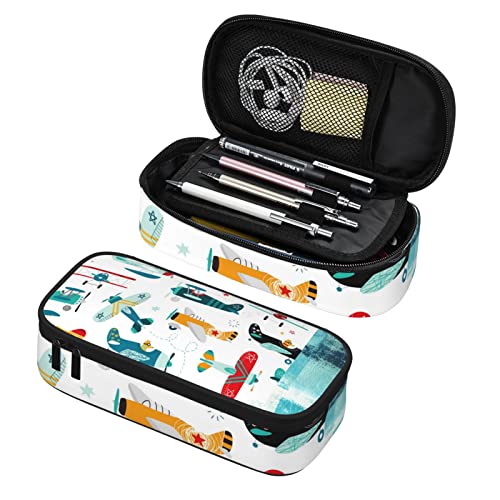 Estuche organizador de gran capacidad con patrones de avión, bolsa de transporte con cremallera para lápices, para niñas, niños, adolescentes, adultos, escuela, oficina, bolsa de almacenamiento
