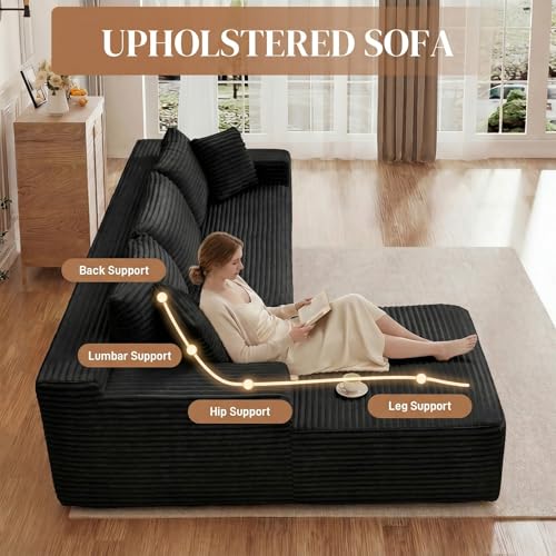 Image of 95 inch L Shaped Cloud Boneless Sectional Couches for Living Room, Modern Comfy Modular Deep Seat Memory Foam Compressed Corduroy Sofa Oversized Left Facing Chaise, No Assembly Required, Balck