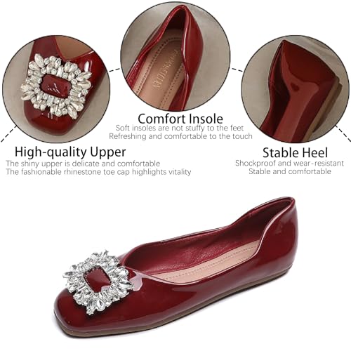 Women‘s Rhinestones Patent Leather Ballet Flats Fashion Comfort Square Toe Slip On Dress Shoes for Party Evening Prom Wedding Walking Shoe3