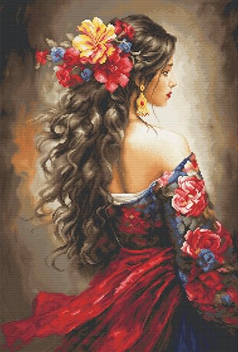 Luca-S Petit Point Kit Gold - La Chica Española, G702, Kit de Punto de Cruz Contado para Adultos, Kit de Costura y Bordado