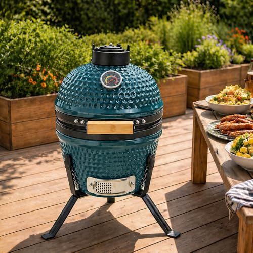Neo Kamado 13 Ceramic Mini BBQ Grill Smoker Egg Charcoal Cooking Oven with Portable Stand (Teal Blue)