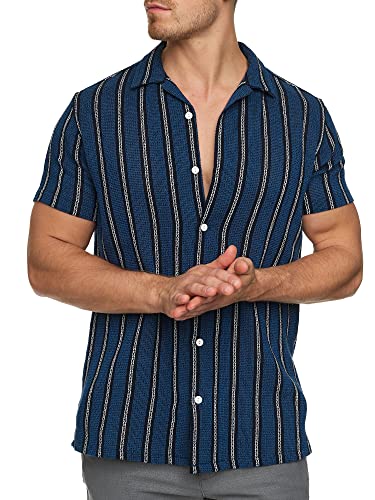 Indicode Herren INCosby Kurzarmhemd mit Button-Down-Kragen | Herrenhemd gestreift Kurzarm Hemd Dark Blue, XL