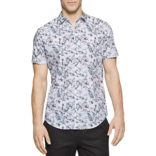 Calvin Klein Men's Slim Fit Blurred Flower Print Short Sleeve Button Down Shirt