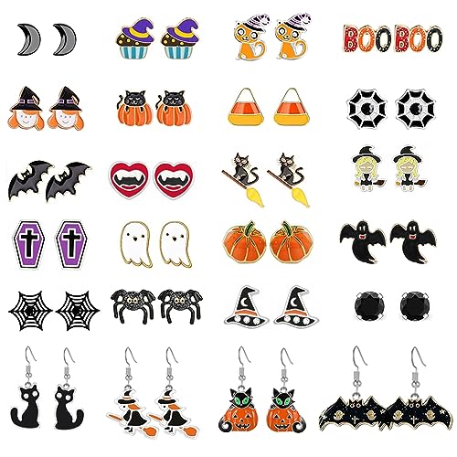 24 Pairs Hypoallergenic Halloween Stud Earrings Set for Women Teens Cute Pumpkin Spider Bat Black Cat Ghost Witch Candy Spooky Earrings Halloween Jewelry Fall Earring Set