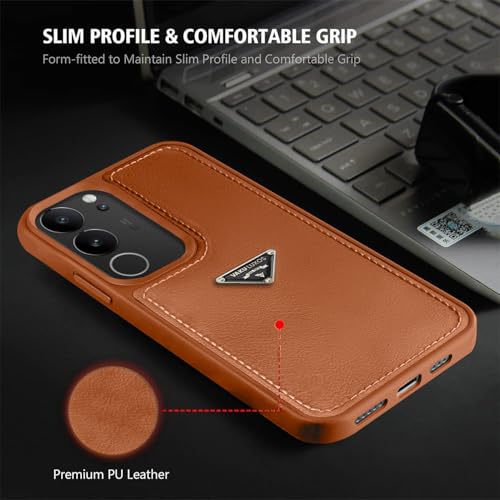 Image of Vaku Luxos Nyxen Back Cover Case for Vivo V29 5G Premium Leather Stitched Soft Shockproof Protective TPU Phone Case Camera Screen Protector- Brown