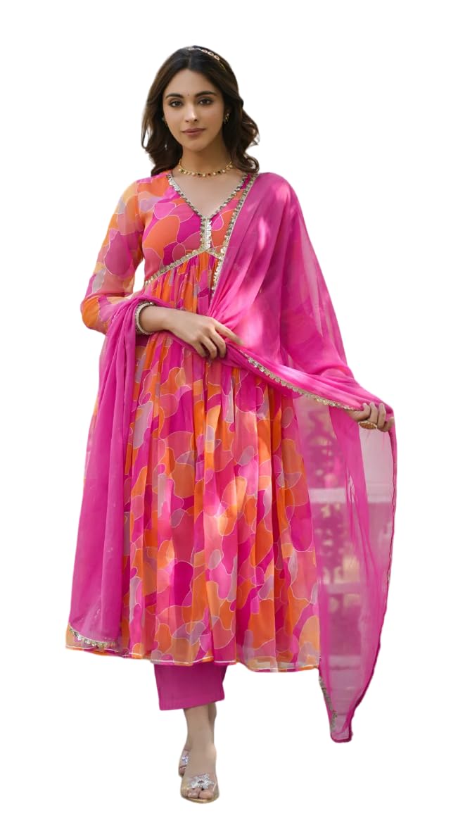 Xomantic Fashion Pink Georgette Printed Alia Cut Suit Set (X-Large, Pink)