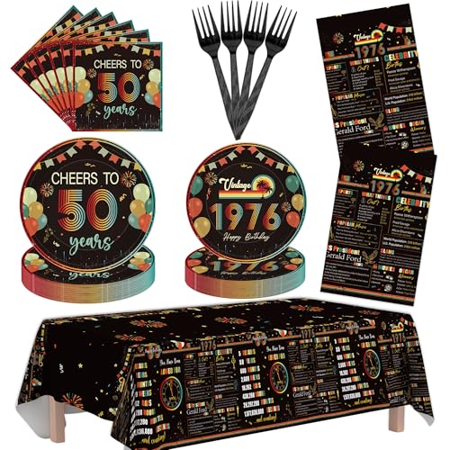 50th Birthday Decorations for Men Women, Cheers to 50 Years Vintage Party Supplies with 2 Pcs Tablecloth 96 Pcs Plates Napkins Forks Set, Retro 1976 Birthday Tableware Kit