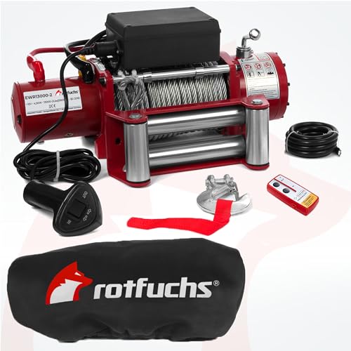 ROTFUCHS Elektrische Seilwinde 12v mit Funkfernbedienung & Schutzhülle – 5909 kg 13000 lbs, 6 PS Power Offroad 4x4 Motorwinde Umlenkrolle Forst Seilzug mit Stahlseil
