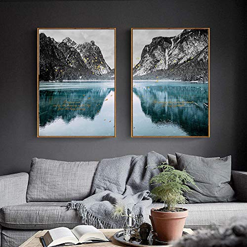 Peinture paysage lac et montagne toile nordique 60x90cm x2
