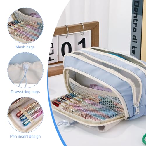 Image of Zibuyu 3-Layer Pencil Case for School - Aesthetic Blue Pen Organizer with Multi Compartments, Soft Cloth Stationery Pouch for Students, 21x13x10cm Storage Bag