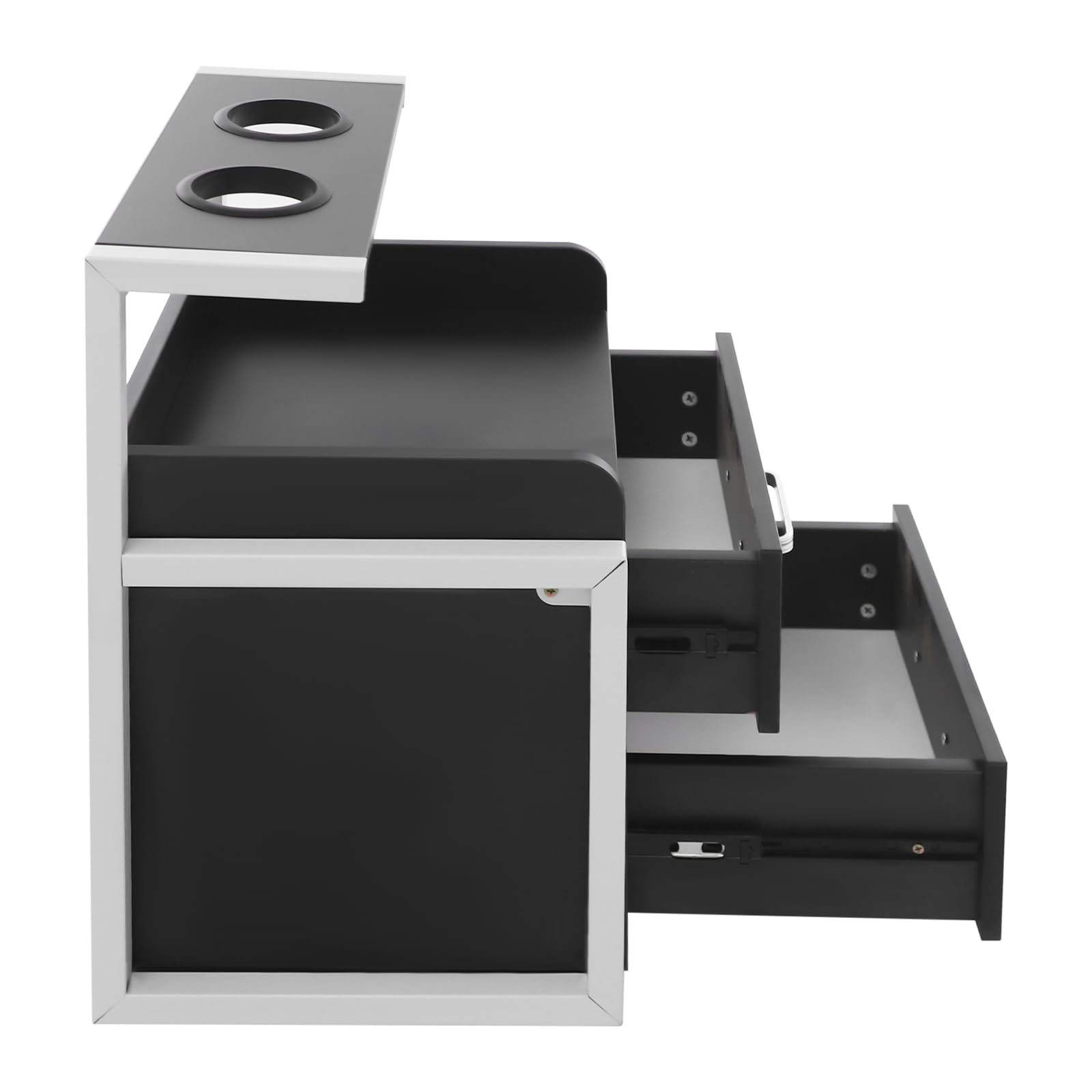 Suspended Salon Wall Cabinet, Wandschrank Friseursalon, Aufbewahrungsschrank mit 2 Schubladen, Offener Ablage und Föhnhalter, Für Salon, Bad, Spa, 40x30x48 cm (Weiß+Schwarz)
