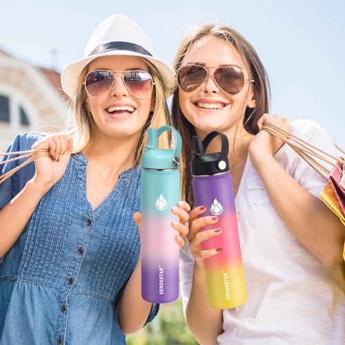 Image of SENDESTAR Water Bottle 32oz Double Wall Vacuum Insulated Leak Proof Stainless Steel Sports Water Bottle-Wide Mouth with New Flex Straw Lid & Spout Lid (White&Voilet)
