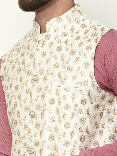 Image of SOJANYA (Since 1958 Men's Cotton Linen Maroon Kurta and White Pyjama with Mustard Cotton Nehru Jacket
