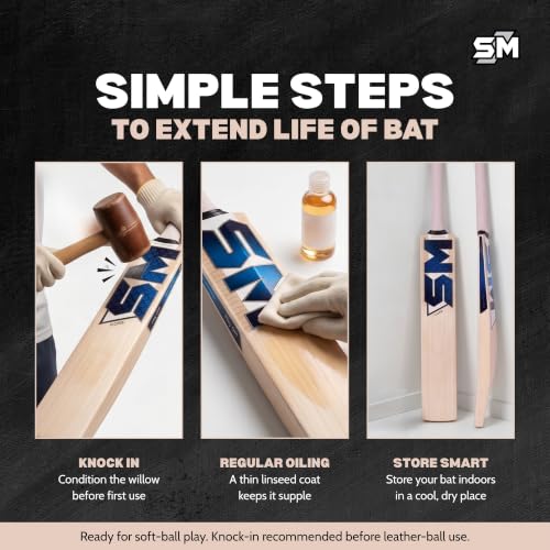 Image of SM Core Kashmir Willow Cricket Bat | Wooden Cricket Bat | Massive Bat Profile | Thick Edges | Rebound Technology | Superlight Pickup | Club & Academy Cricket Bat | Size SH