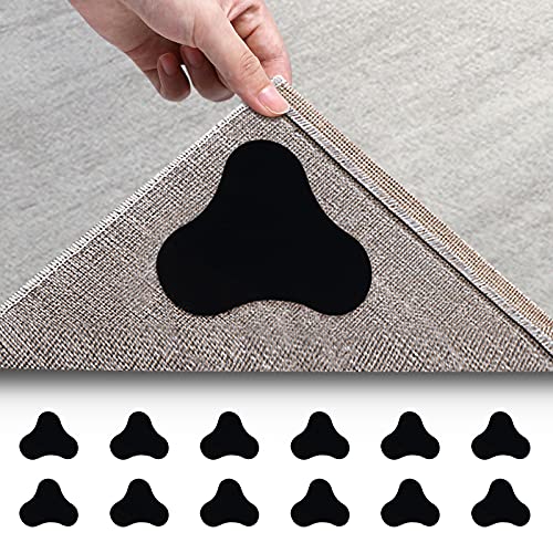 [12 Pack] Rug Gripper, Double Sided Non-Slip Rug Pads Rug Tape Stickers Washable Area Rug Pad Carpet Tape Corner Side Gripper for Hardwood Floors and Tile