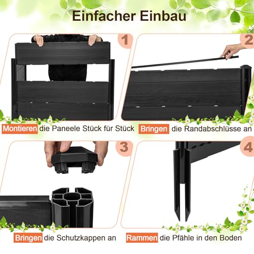 COSTWAY Gartenzaun 2-teilig, Zaun mit Pfosten & Schutzkappen, 115 cm hoch, Sichtschutzzaun aus HDPE, Steckzaun Zaunelementen, Freistehender dekorativer Zaun, Sichtschutz für Garten Terrasse, Schwarz