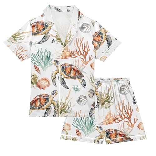 ALAZA Retro Coral Reef Sea Turtle White Pajamas Satin Pajama Set Short Sleeve Button Down Sleepwear
