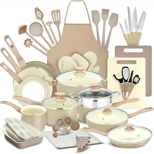 Aioneer Batterie De Cuisine Complète De 54 Pièces, Casseroles Et Poêles Antiadhésives en Céramique, Couleur Taupe Et Marron, Une Pièce-Taupe Brown-One