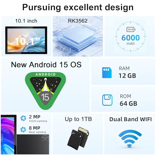 Image of 10 Inch Tablet Android Tablets 64GB 12GB RAM 10 inch Android Tablet Supports 1TB Expansion Dual Camera 6000mAh Long-lasting battery WiFi-6 Tableta 2 IN 1 Tablets with Bluetooth Mouse Case Stylus Keyboard