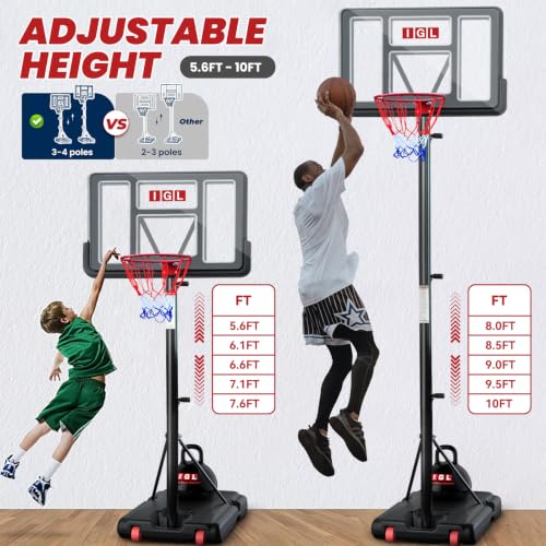 Image of IGL Portable Basketball Hoop, 5.6-10FT Adjustable Basketball Goal System, 40 /44 Inch Outdoor Basketball Hoop & Goals for Kids, Youth, and Adults in The Backyard, Driveway with PC Backboard