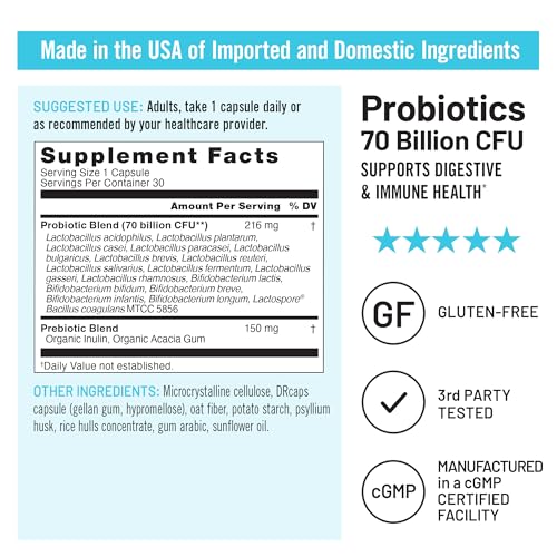 Image of NatureWise Probiotics 70 Billion CFU - 17 Strains + Organic Prebiotics - Immune, Digestive & Gut Health Support for Women & Men - Vegetarian, Gluten-Free, Non-GMO - 30 Capsules[1-Month Supply]