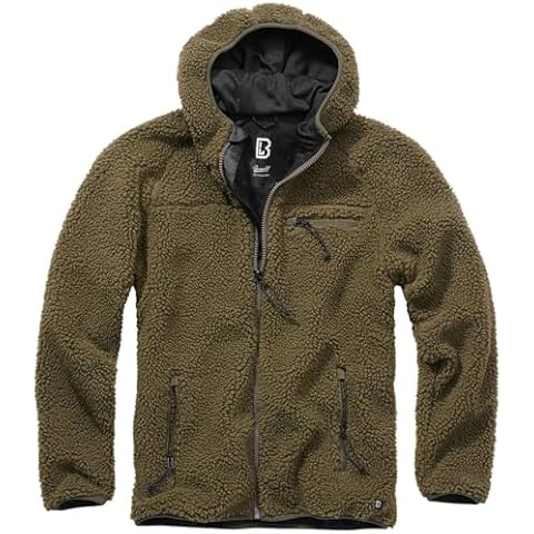 Brandit Individual Wear Men's Hooded Teddy Fleece Cold-Weather Outdoor Full Zip Jacket w/Chin Guard & Wind Protection Strip, Olive, Large Cover