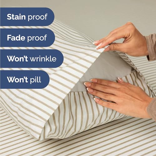 Image of Queen 6 Piece Bed Sheet Set - Breathable & Cooling Sheets - Beige Stripes | Ultra-Soft Hotel Luxury Bedding Set w / 8-16 Inch Deep Pockets, 1 Flat & 1 Fitted Sheet & 4 Pillowcases, Wrinkle & Fade Free