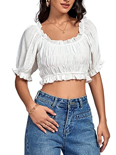 LYANER Women's Off Shoulder Ruffle Trim Ruched Short Sleeve Blouse Crop Top4