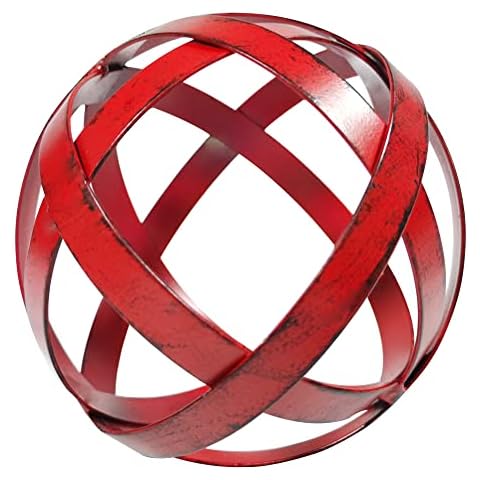 BSTGIFTS Decorative Sphere - Metal Band Sphere - Home Decor Accents - Tabletop Decorations for Living Room (Red) Cover