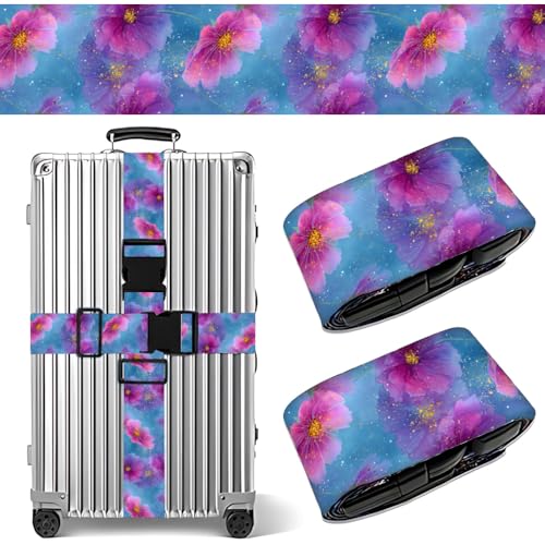 Image of 2 Pack Luggage Straps for Suitcases, Adjustable Travel Belt with Buckle, 2 inch Wide Heavy Duty Suitcase Straps for Summer Vacation, Dreamy Galaxy Floral Pattern, Travel Essentials, Purple /Multi