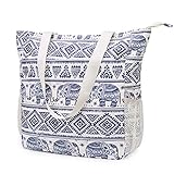 WANDF Floral Beach Tote Water-resistant Beach Bag Large Shoulder Bag for Yoga Travel with Multi Pockets (Blue Elephant)