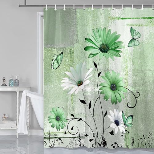 Rustic Floral Shower Curtain for Bathroom, Daisy Flowers Butterfly Vintage Green Farm Style Shower Curtain Set, Polyester Fabric Farmhouse Bathroom Curtain Set with Hooks