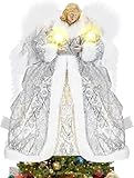 Gkstly 32cm puntale albero natale angelo a forma di angelo di luci a led, Decorazioni per Decorazioni per Albero di Natale con Ali di Piume Bianche, per decorazioni albero di Natale