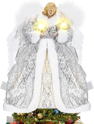 Gkstly 32cm puntale albero natale angelo a forma di angelo di luci a led, Decorazioni per Decorazioni per Albero di Natale con Ali di Piume Bianche, per decorazioni albero di Natale