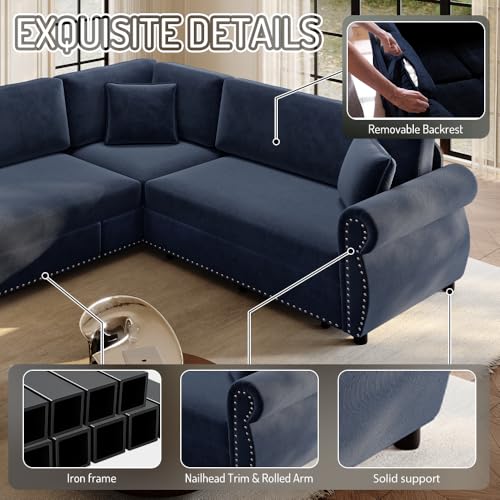Image of KCGKCG 88.2 inch Sleeper Sofa Bed, Sectional Couches for Living Room /Apartment, Chenille L Shaped Couch with Pull Out Couch Bed, Convertible Sectional Sofa with Rolled Arm & Nailhead Trim, Blue