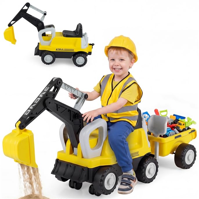 COSTWAY Escavatore Cavalcabile per Bambini 3 Anni+, Rimorchio Rimovibile | Ruspa Giocattolo con Schienale, Benna Regolabile, Vano Nascosto, Pala e Rastrello, Trattore a Spinta con Ruote