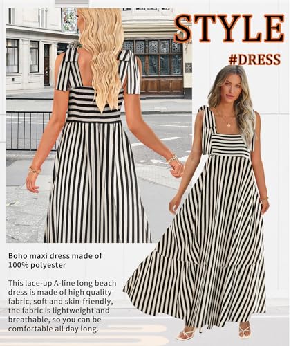 Image of CURBODO Women's Summer Maxi Dress Boho Spaghetti Straps Casual Long A-line Smocked Beach Dress Square Neck Flowy Sun Dress