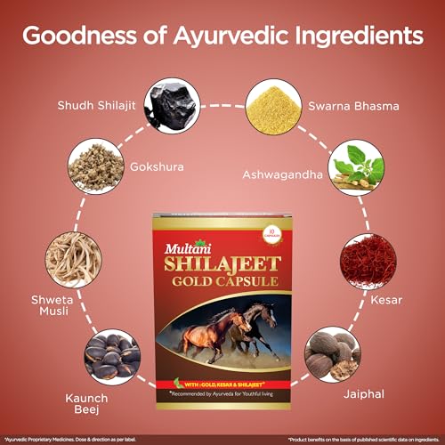 Image of Multani Shilajeet Gold 10 Capsule For Youthful Living, Enriched With Gold, Kesar, Safed Musli & Shilajeet Ayurvedic Shilajit Capsule For Stamina & Endurance